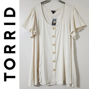 TORRID Nwt Fit & Flare Rayon Slub Faux Button-Front Blouse, Flutter Sleeve, 1X